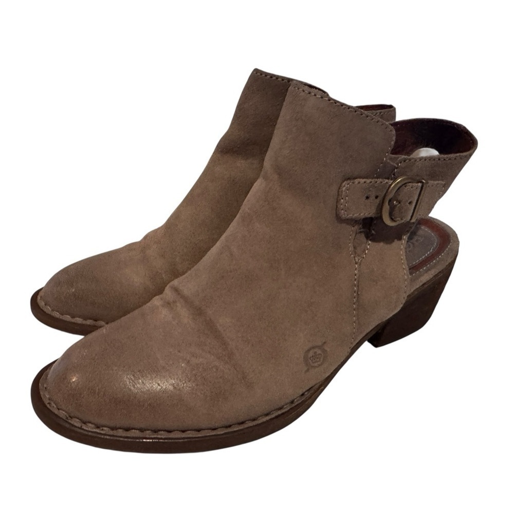 Born Margrit Women’s Sz 8 Taupe Suede Booties Open Slingback Buckle Heels Shoes
